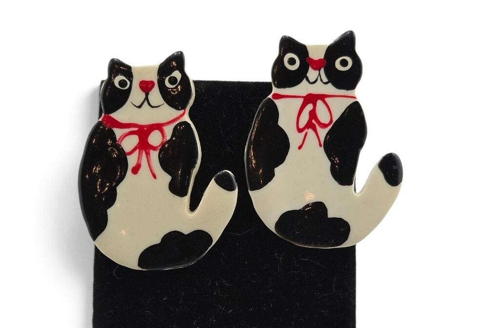 Vintage Black White Cat Earrings Painted Figural Pierced Post Whimsical